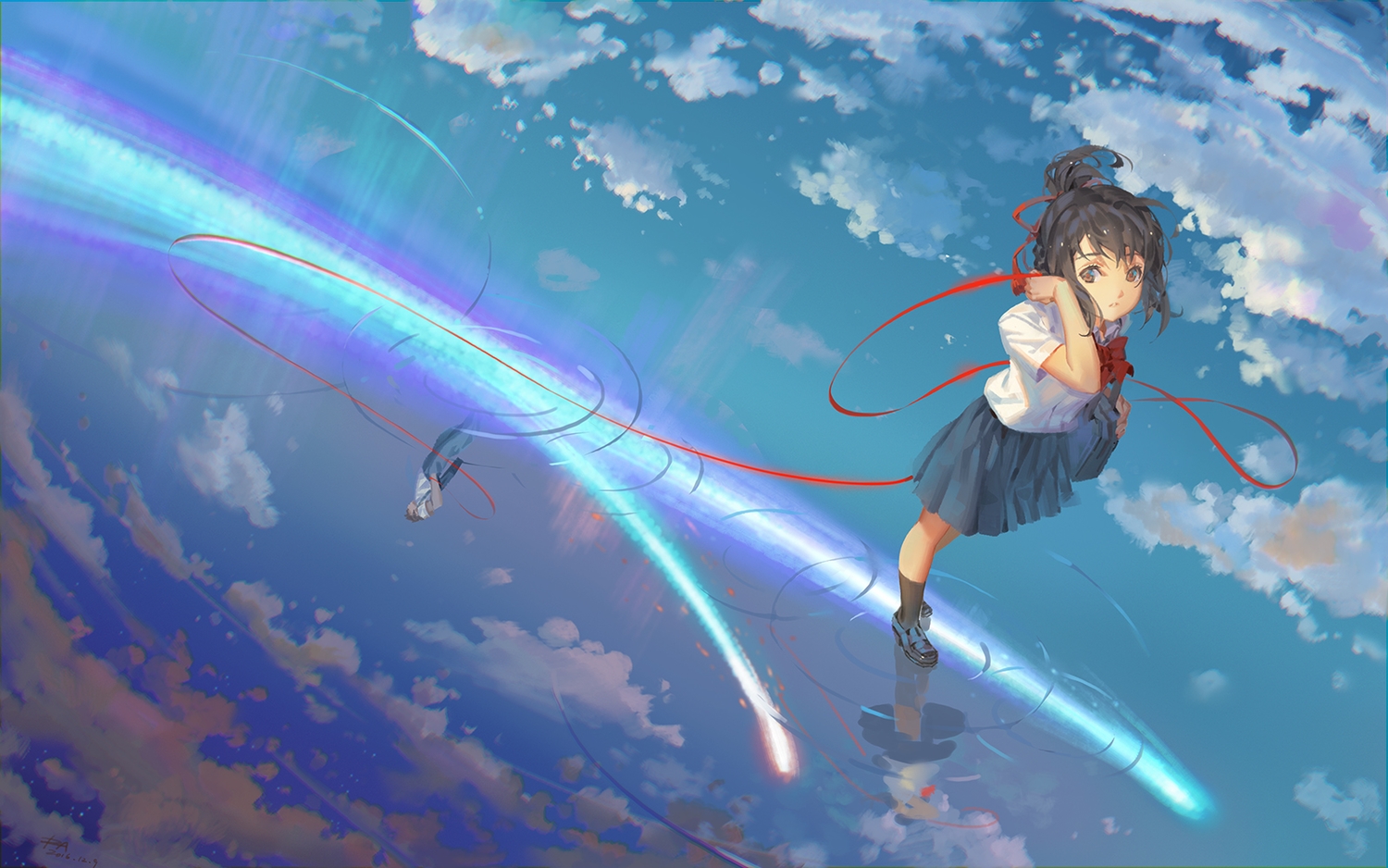 alphonse, black_hair, bow, clouds, kimi_no_na_wa, male, miyamizu_mitsuha, reflection