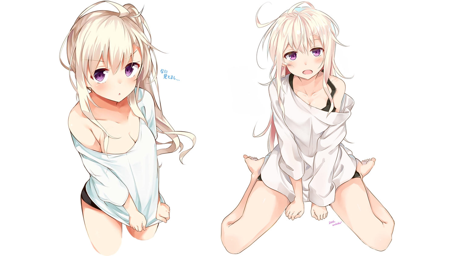 barefoot, blonde_hair, breasts, cleavage, long_hair, mizuki-chan_(sasahara_wakaba), original, purple_eyes