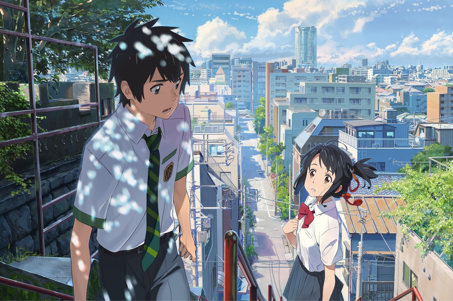 black_hair, blue_eyes, brown_eyes, building, car, city, clouds, kimi_no_na_wa