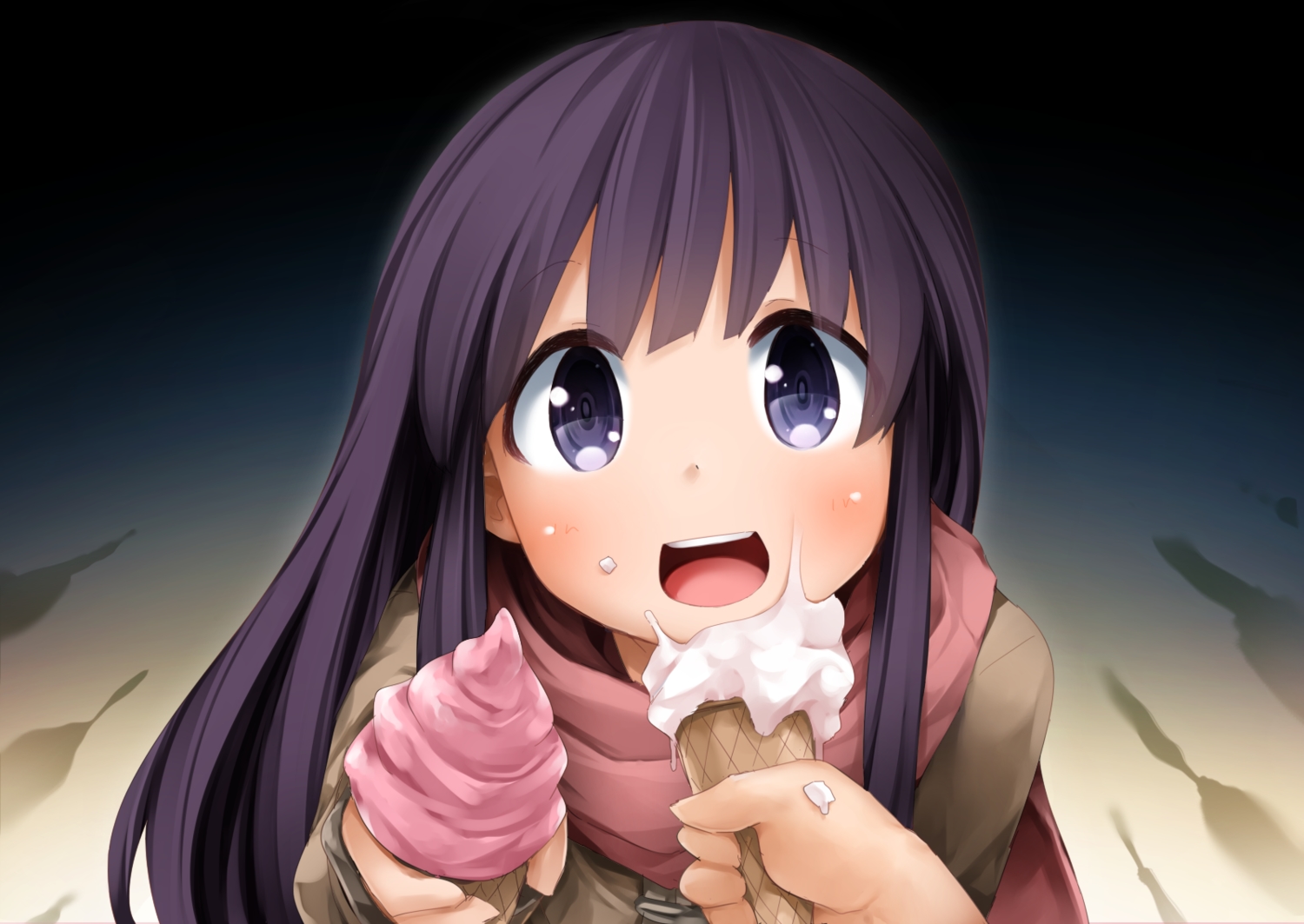 black_hair, blue_eyes, close, food, ice_cream, long_hair, moegi_nenene, original, scarf
