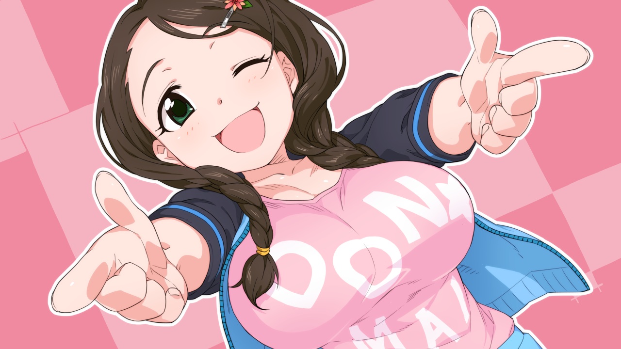 akanishi_erika, braids, breasts, brown_hair, green_eyes, idolmaster, idolmaster_cinderella_girls, long_hair, tagme_(artist), twintails, wink