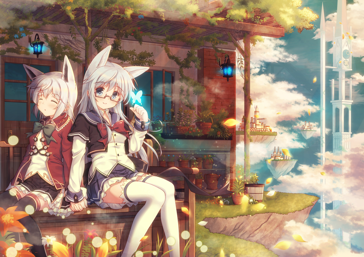 2girls, aliasing, animal_ears, blue_eyes, bow, building, butterfly, clouds
