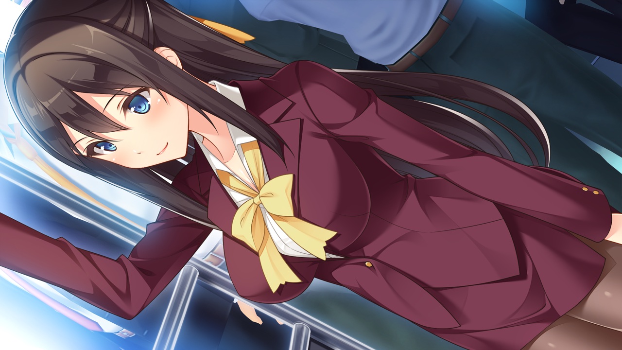 aqua_eyes, bow, breasts, brown_hair, chikan_ochi_~shinri_counselor_meika_no_shinryou_kiroku~, game_cg, interheart, kotobuki_natsumi, long_hair, nemigi_tsukasa, pantyhose, skirt, suit, train