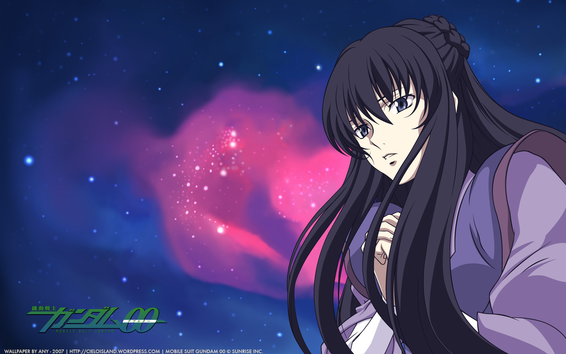 black_eyes, black_hair, long_hair, marina_ismail, mobile_suit_gundam, mobile_suit_gundam_00, space, stars