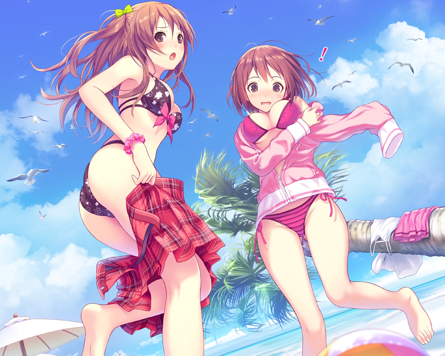2girls, animal, ass, barefoot, beach, bikini, bird, blush