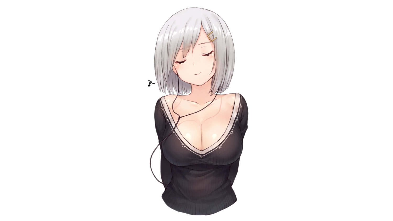 anthropomorphism, breasts, cleavage, gray_hair, hamakaze_(kancolle), headphones, kantai_collection, short_hair, spitfire99, white