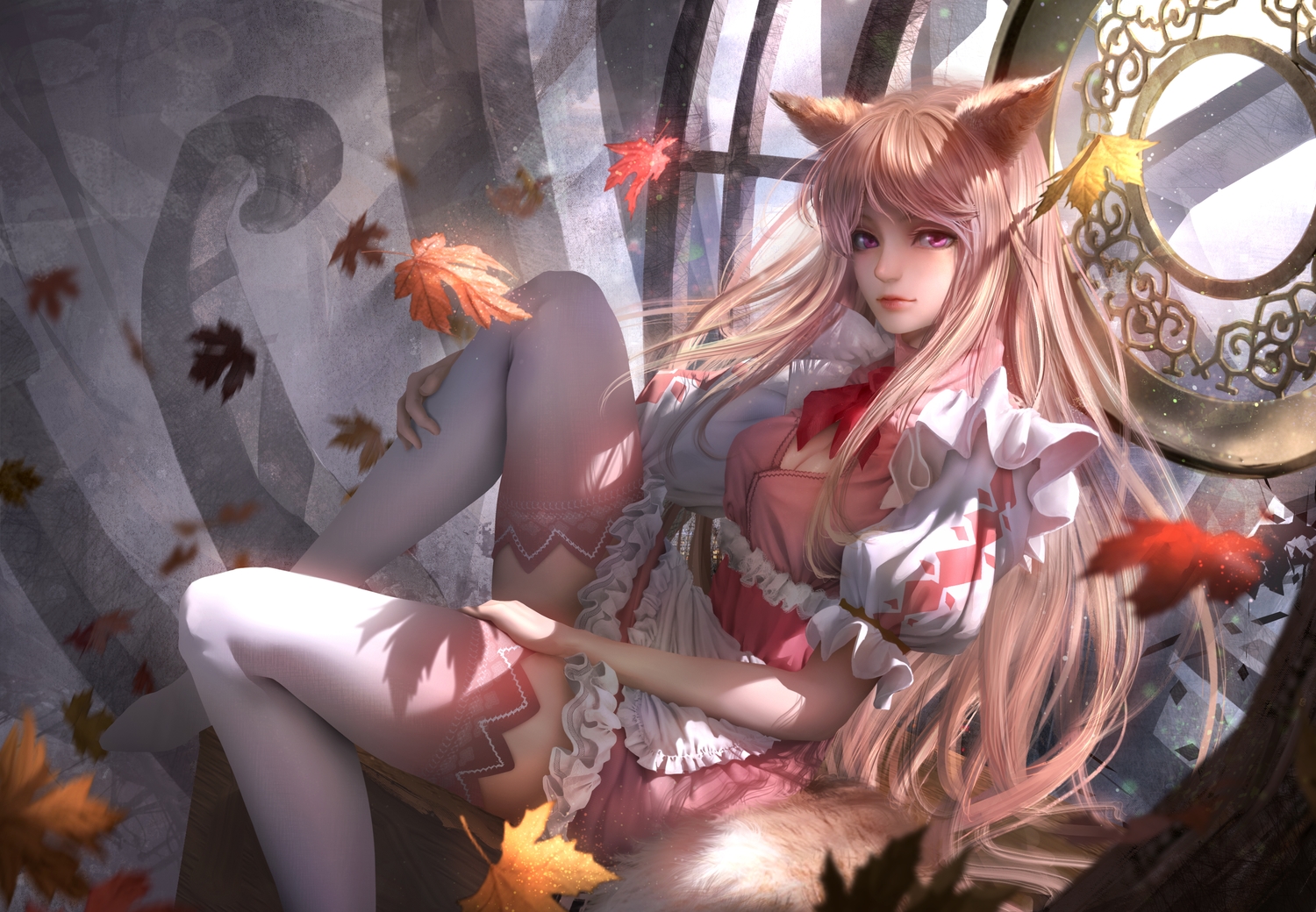 animal_ears, breasts, cleavage, foxgirl, long_hair, maid, original, peachpa, pink_eyes, pink_hair, realistic, tail, thighhighs