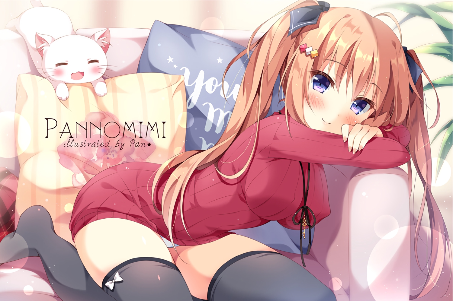 animal, blue_eyes, blush, breasts, brown_hair, cat, couch, dress, erect_nipples, haruka-chan_(pan), long_hair, necklace, original, pan_(mimi), panties, ribbons, thighhighs, twintails, underwear, waifu2x, watermark
