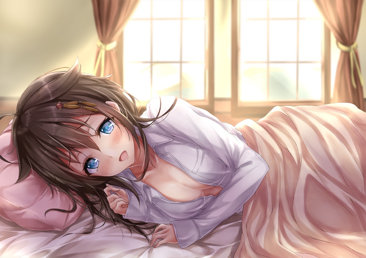 anthropomorphism, aqua_eyes, bed, blush, breasts, brown_hair, kantai_collection, long_hair, marisasu_(marisa0904), open_shirt, shigure_(kancolle)