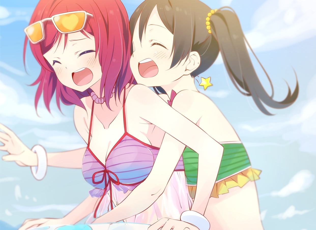 2c=galore, 2girls, bikini, black_hair, blush, breasts, cleavage, clouds