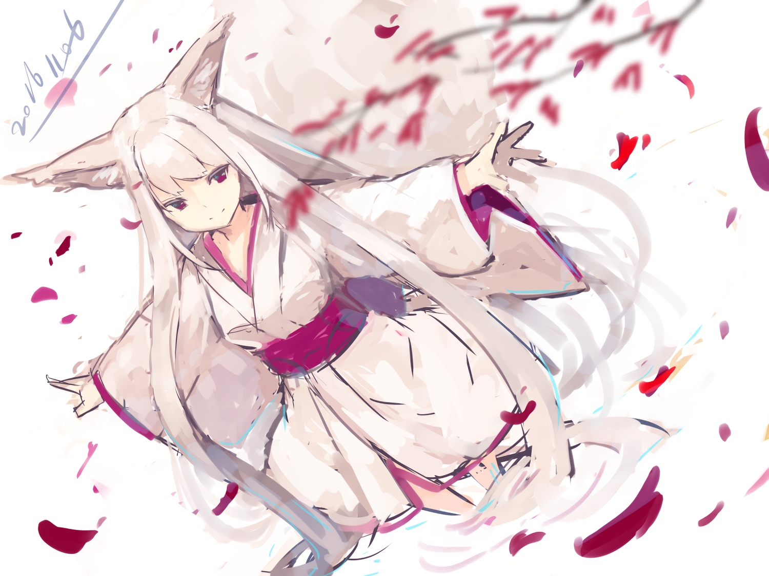 animal_ears, foxgirl, original, signed, sketch, waifu2x, yuuji_(yukimimi)