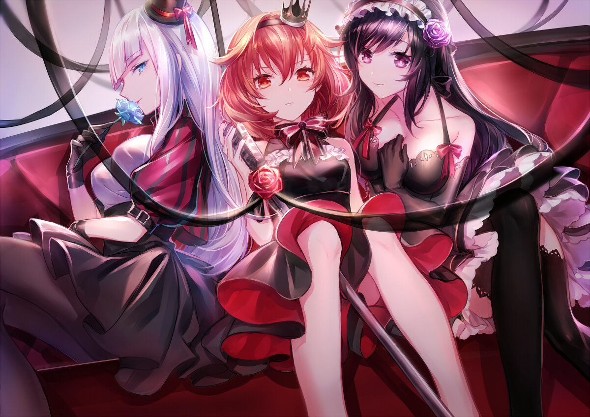 aqua_eyes, black_hair, bow, breasts, cleavage, couch, crown, dress, elbow_gloves, flowers, gloves, hat, headband, headdress, hoshi_nanami, idol_memories, imifumei, kajiwara_miku, la_yucho, long_hair, microphone, pantyhose, purple_eyes, red_eyes, red_hair, rose, short_hair, skirt, thighhighs, white_hair