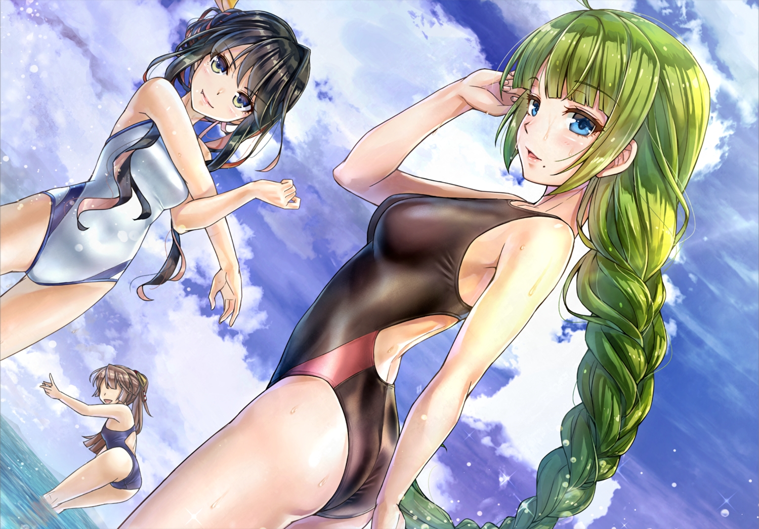 akigumo_(kancolle), anthropomorphism, ass, black_hair, blue_eyes, braids, breasts, brown_hair, clouds, green_eyes, kantai_collection, kotatsu_(kotatsu358), long_hair, naganami_(kancolle), ribbons, sky, swimsuit, waifu2x, water, wet, yuugumo_(kancolle)