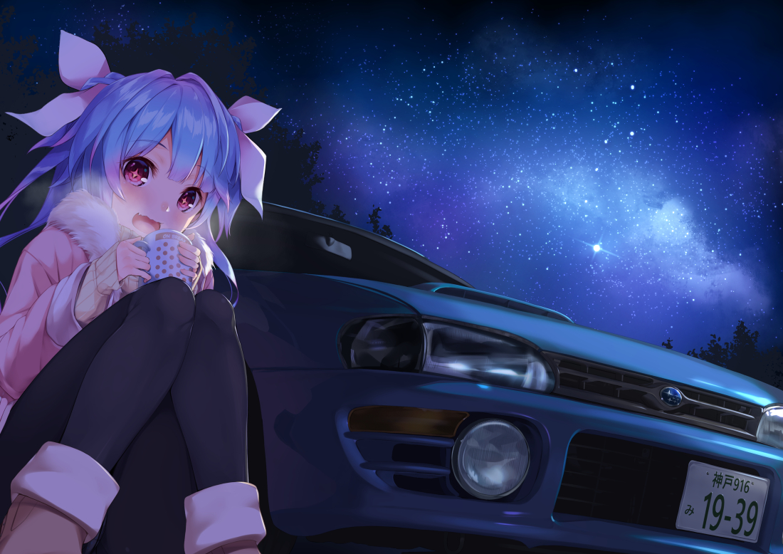 aliasing, anthropomorphism, aqua_hair, boots, car, drink, gedou_(shigure_seishin), i-19_(kancolle)