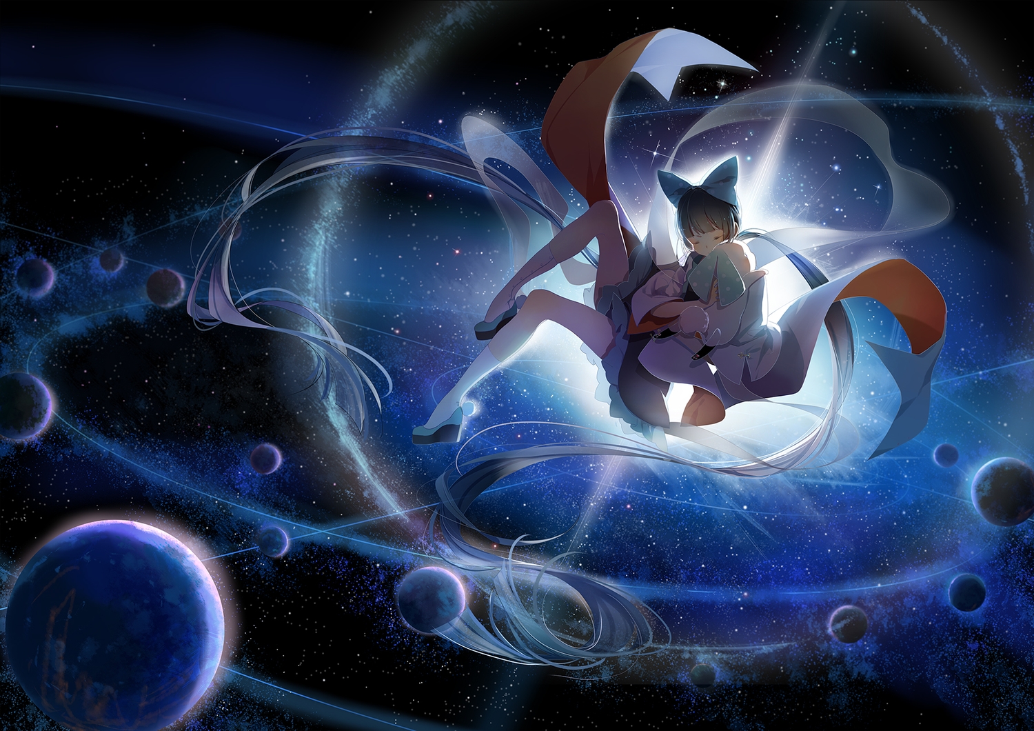 animal, bow, brown_hair, dress, eyokiki, long_hair, original, planet