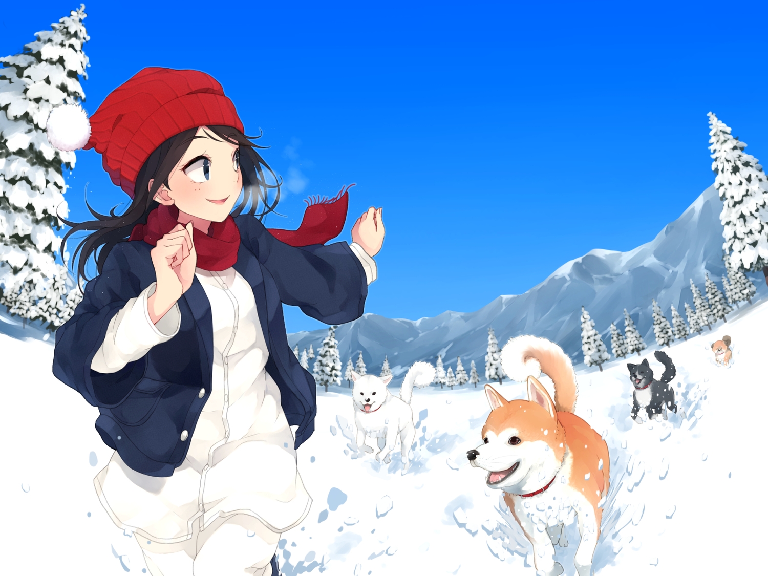 animal, black_hair, blue_eyes, dog, hat, long_hair, maruhana, original, scarf, sky, snow, tree, winter