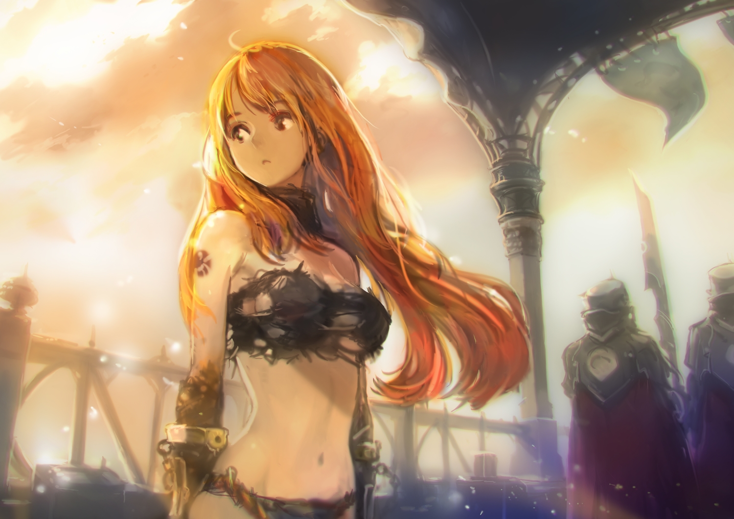 bikini, breasts, brown_eyes, brown_hair, gloves, long_hair, navel, okuto