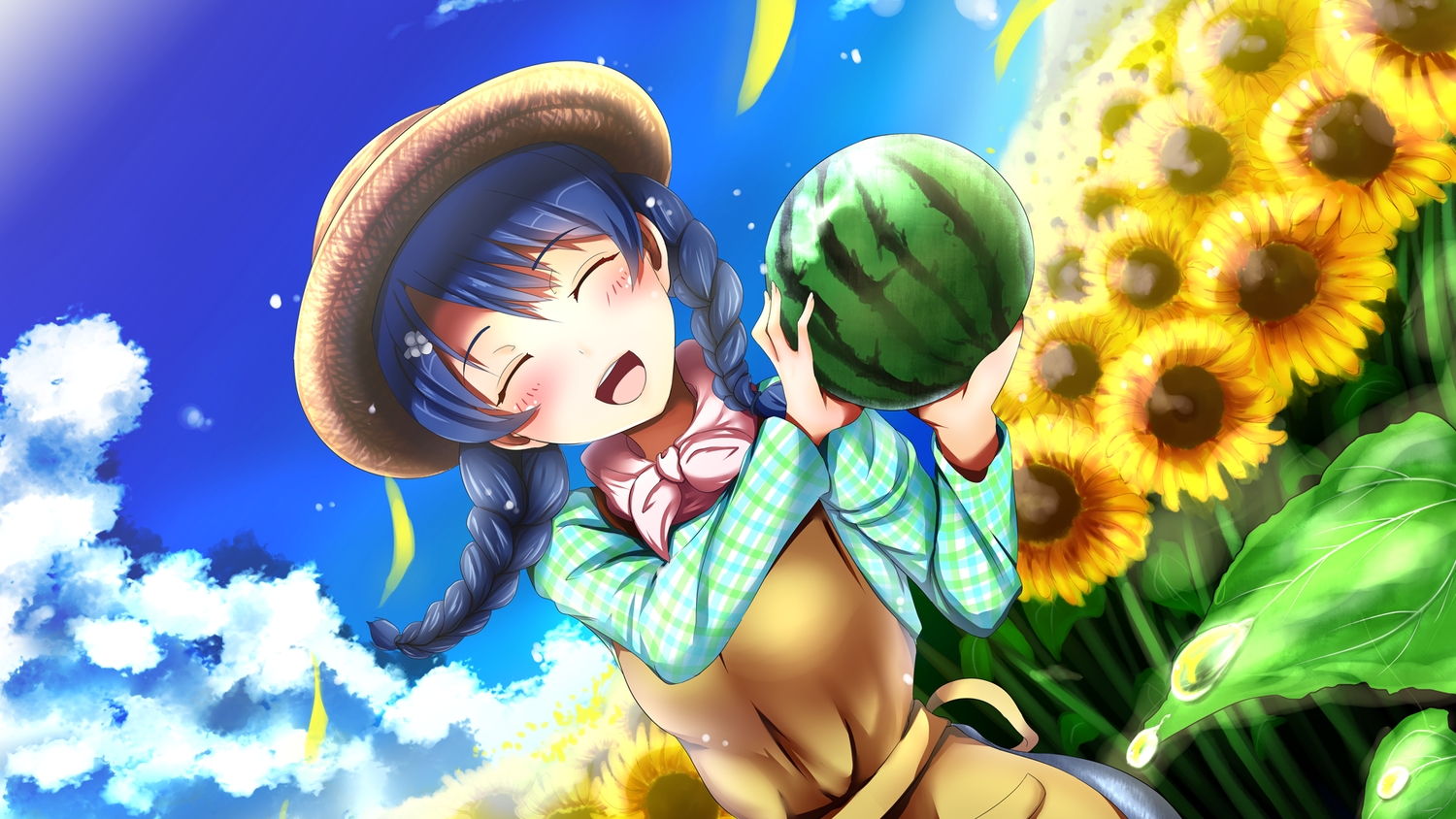 blue_hair, blush, braids, clouds, flowers, food, fruit, hat, long_hair, shokugeki_no_souma, sky, tadokoro_megumi, twintails, yottin
