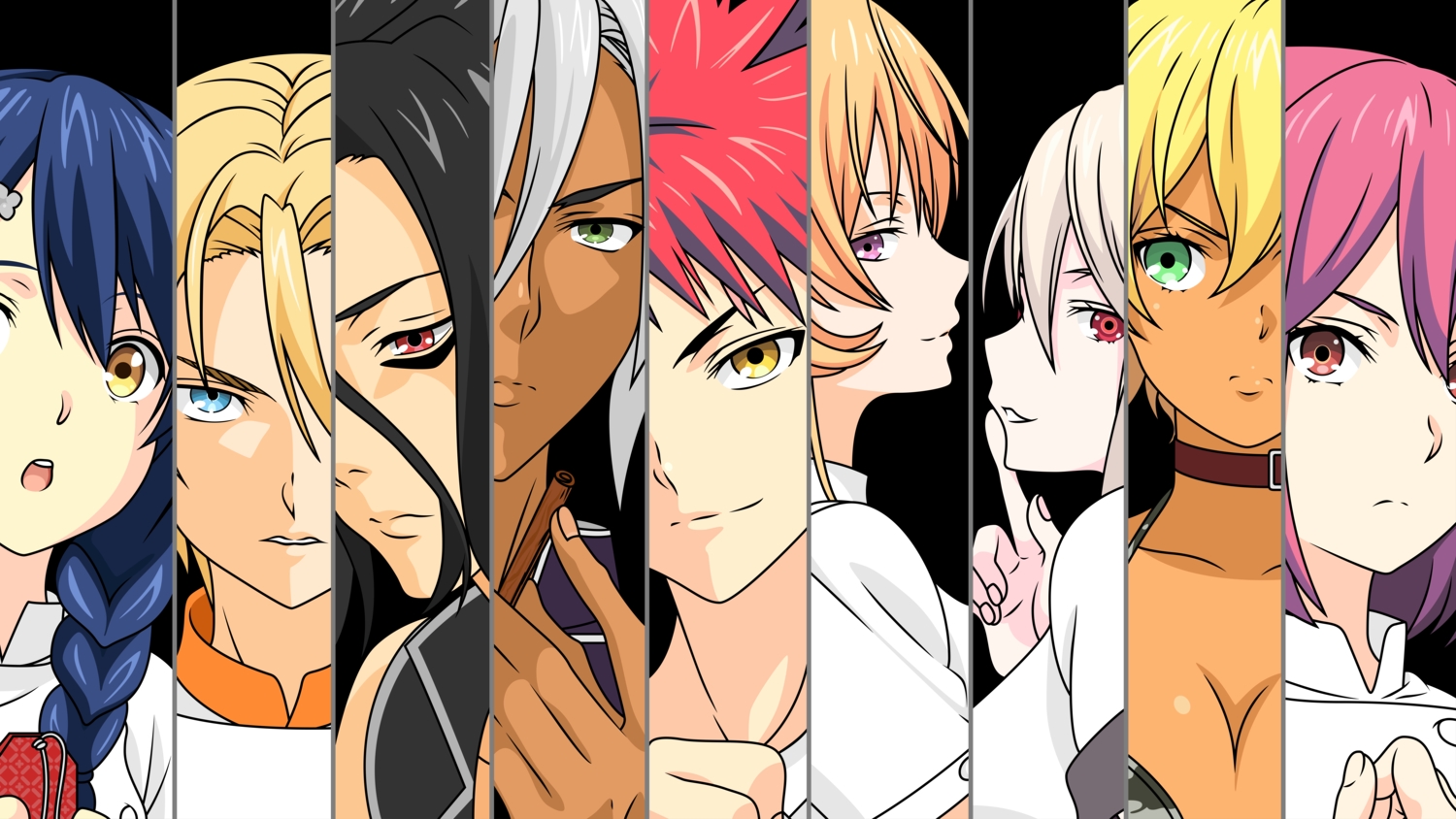 aqua_eyes, arato_hisako, black_hair, blonde_hair, blue_hair, braids, choker, gray_hair
