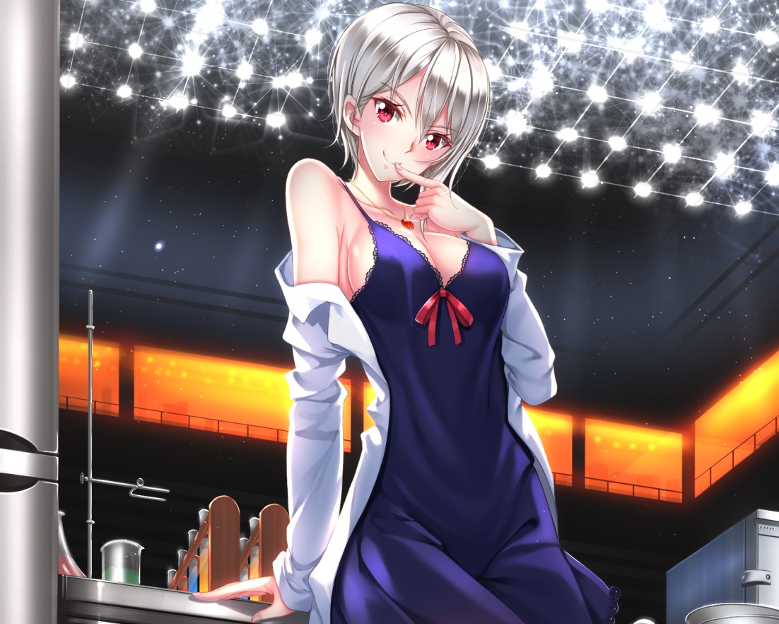 breasts, cleavage, cropped, dress, gray_hair, nakiri_alice, necklace, red_eyes