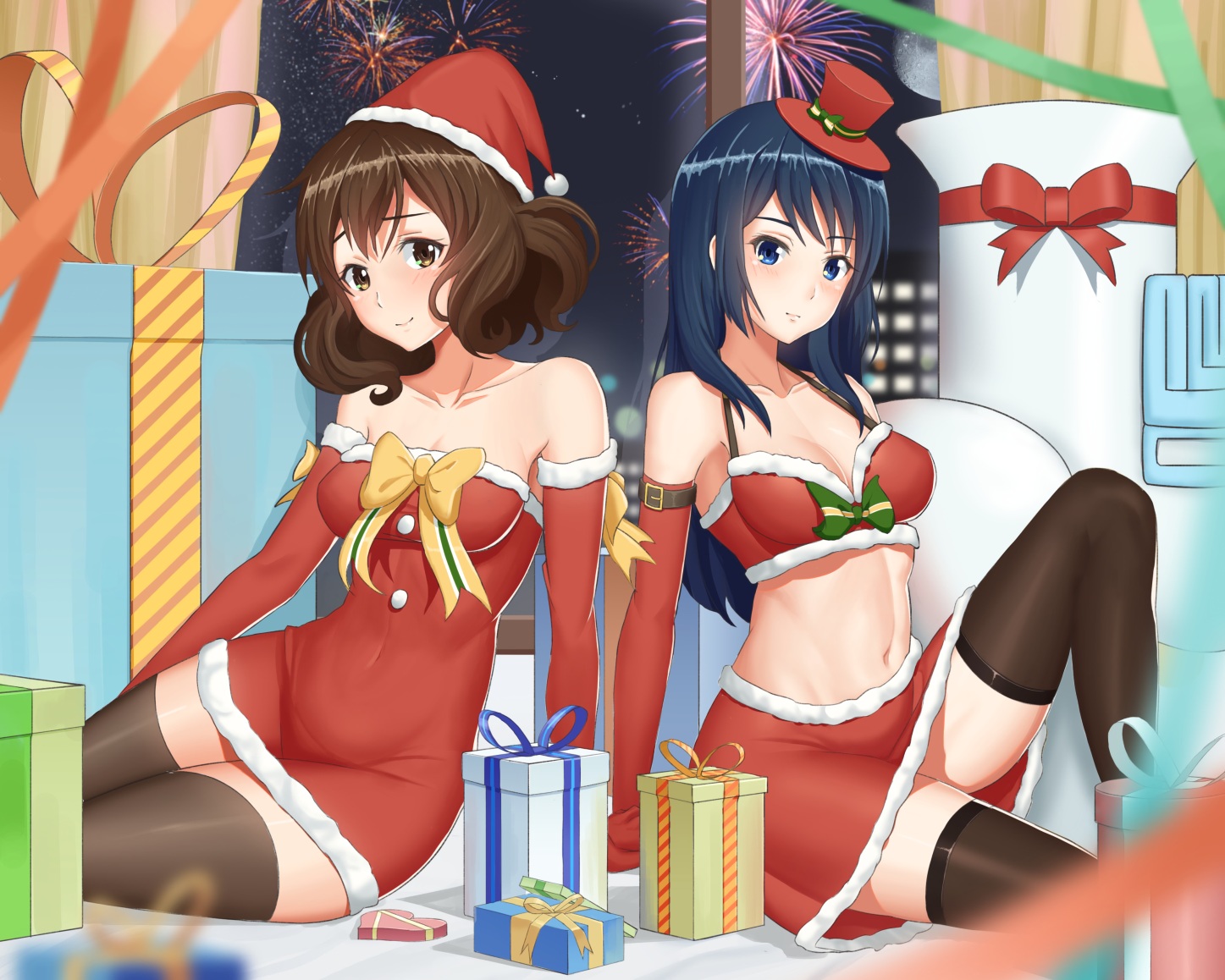 2girls, black_hair, blue_eyes, blush, bow, breasts, brown_eyes, brown_hair, christmas, cleavage, cropped, dress, elbow_gloves, fireworks, gloves, hat, hibike!_euphonium, kousaka_reina, long_hair, moon, navel, night, northman, oumae_kumiko, santa_hat, short_hair, thighhighs
