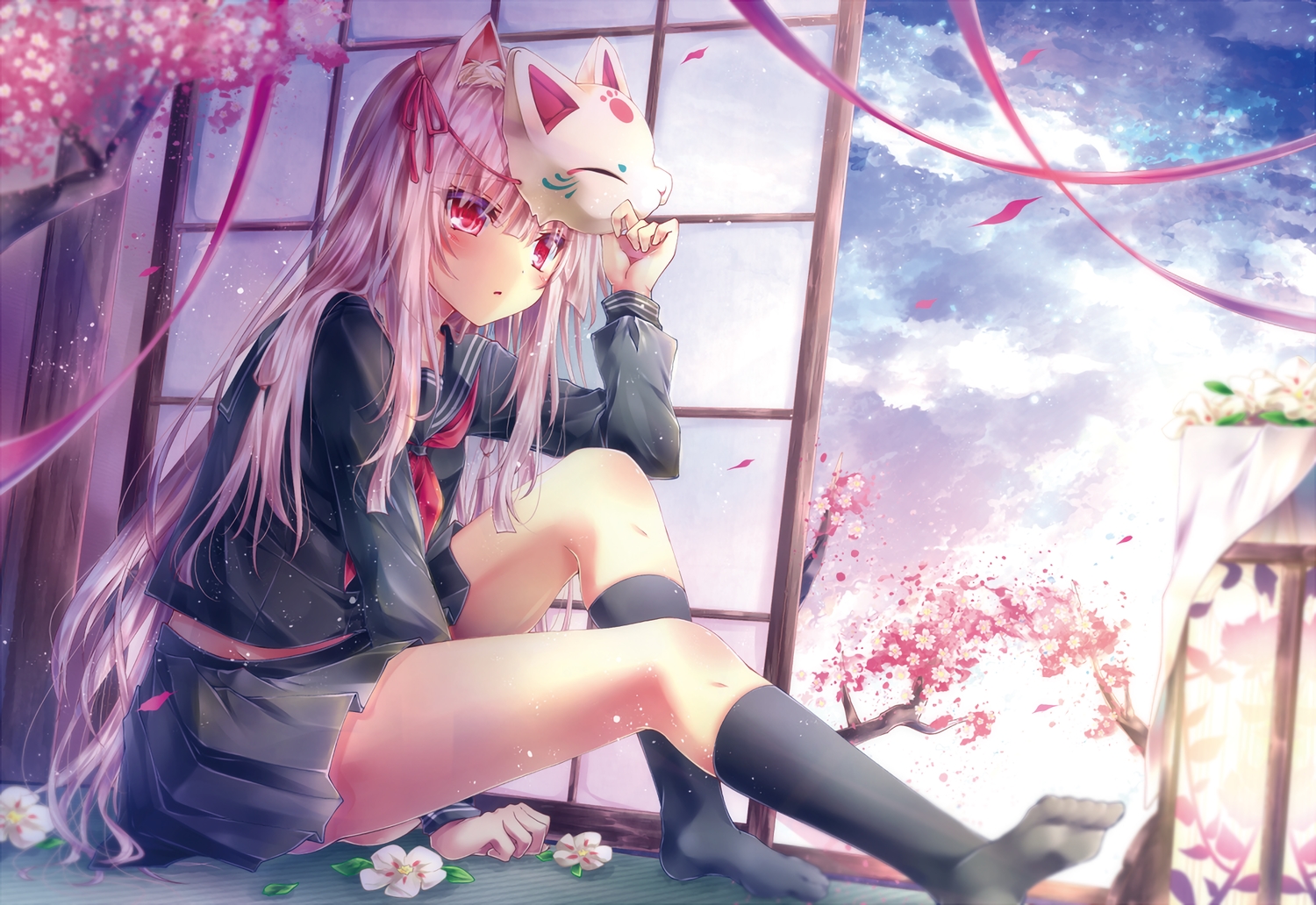 animal_ears, cherry_blossoms, clouds, flowers, kneehighs, long_hair, mask, original, petals, pink_eyes, pink_hair, ribbons, school_uniform, skirt, sky, tetsu_tissue, tree, waifu2x