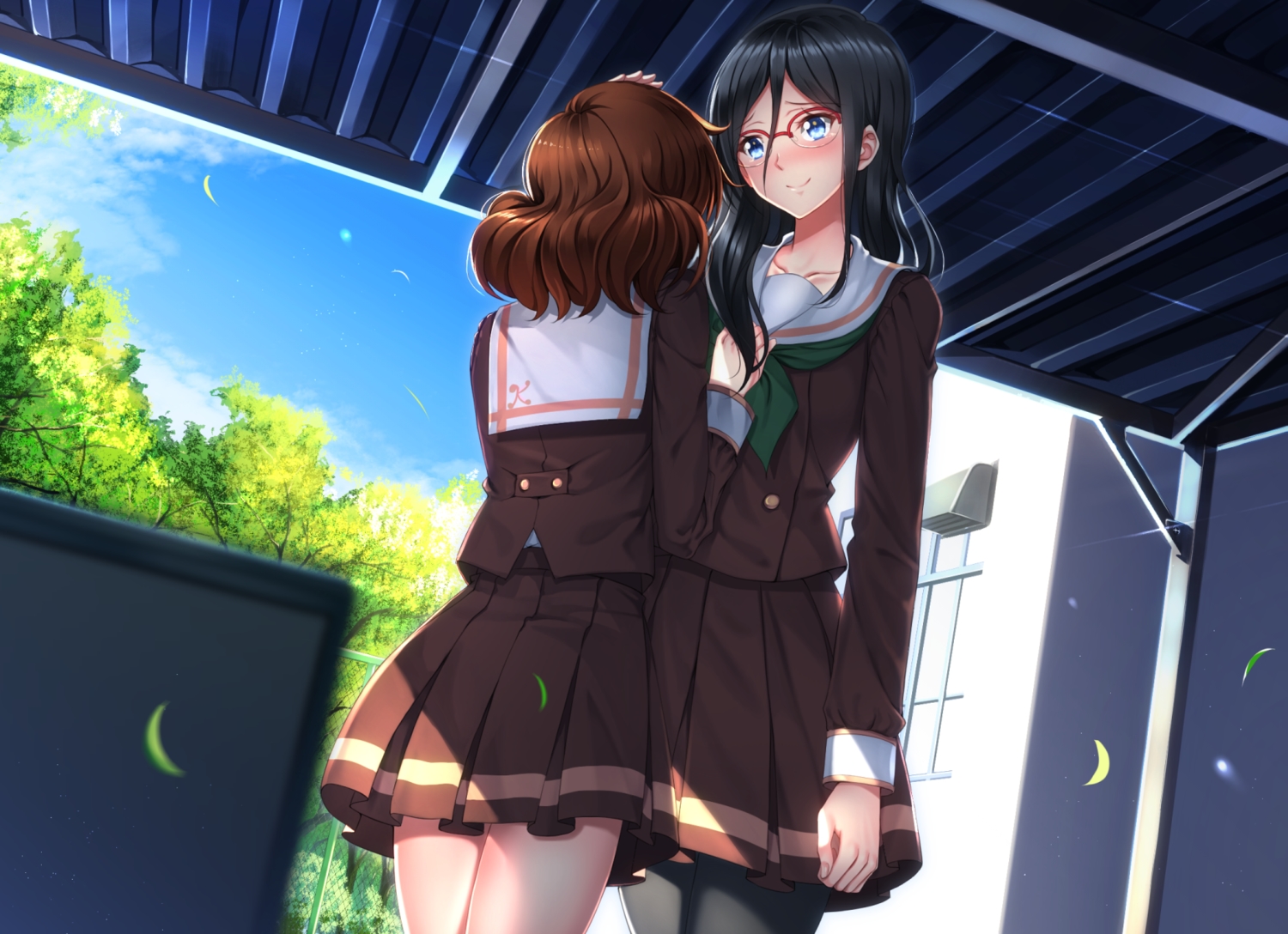 2girls, aqua_eyes, black_hair, blush, brown_hair, clouds, glasses, hibike!_euphonium