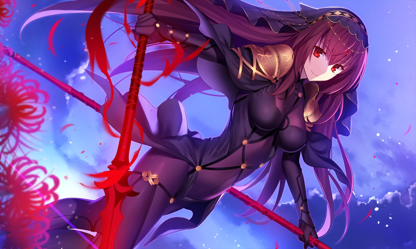 armor, bodysuit, breasts, fate/grand_order, fate_(series), flowers, fuyuki_(neigedhiver), headdress, long_hair, purple_hair, red_eyes, scathach_(fate/grand_order), skintight, spear, weapon