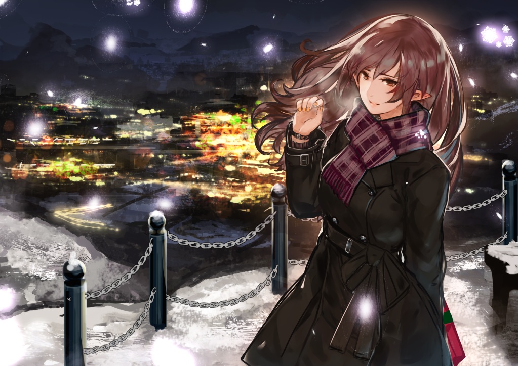 brown_eyes, brown_hair, chain, fireworks, long_hair, original, pointed_ears, scarf