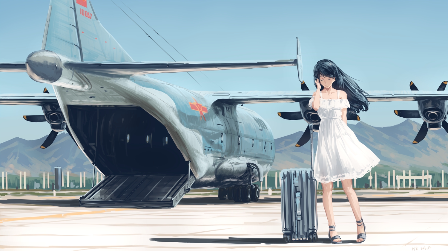 aircraft, black_hair, dress, hallelujah_zeng, long_hair, original, summer_dress