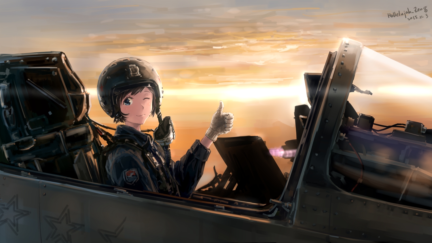 aircraft, blue_eyes, brown_hair, combat_vehicle, gloves, hallelujah_zeng, military, original, signed, sunset, wink