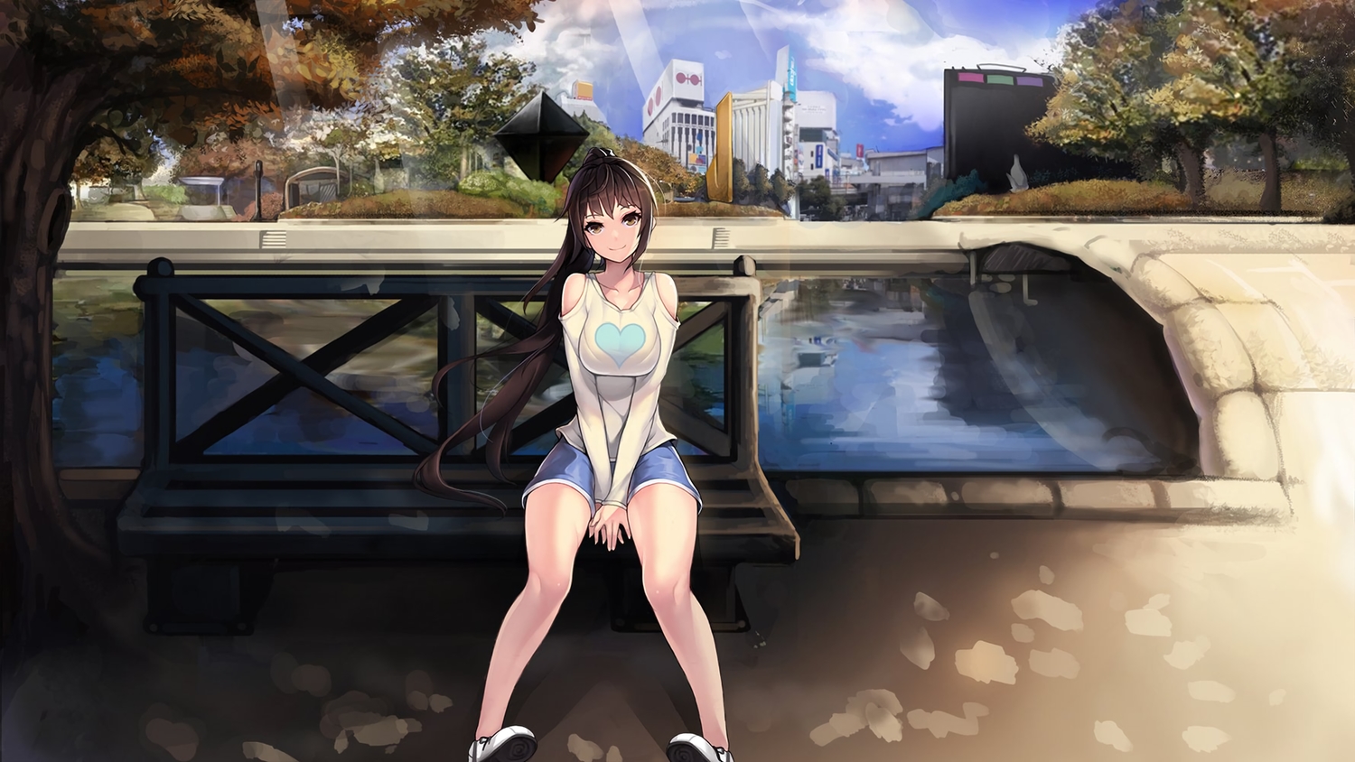 breasts, brown_eyes, brown_hair, building, city, clouds, grimgrim, heart, long_hair, original, park, ponytail, scenic, shade, short_hair, sky, tree, water
