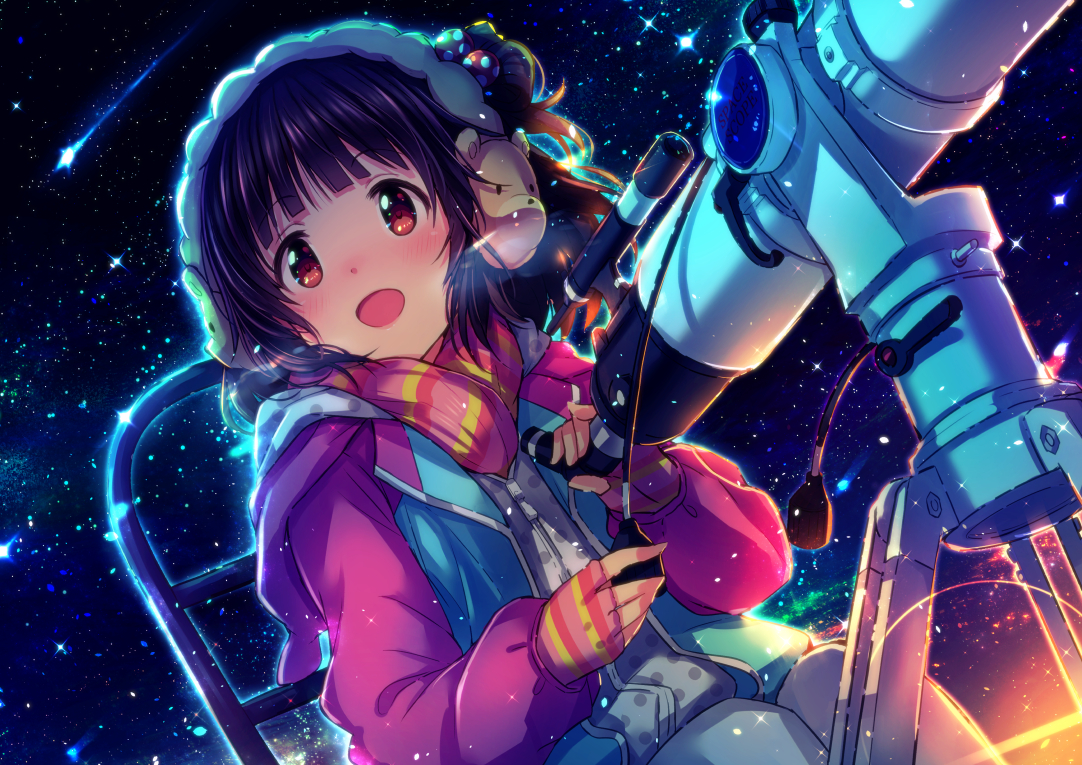 black_hair, blush, brown_eyes, earmuffs, gloves, hood, idolmaster, idolmaster_million_live!, ima_(lm_ew), loli, nakatani_iku, scarf, short_hair, sky, stars