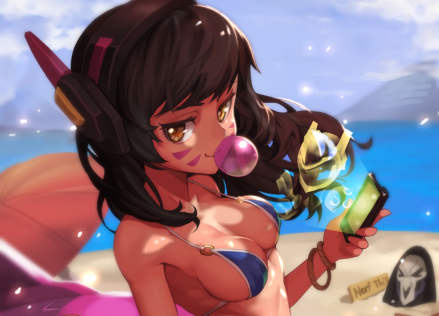 black_hair, breasts, brown_eyes, cleavage, clouds, d.va, goomrrat, headphones