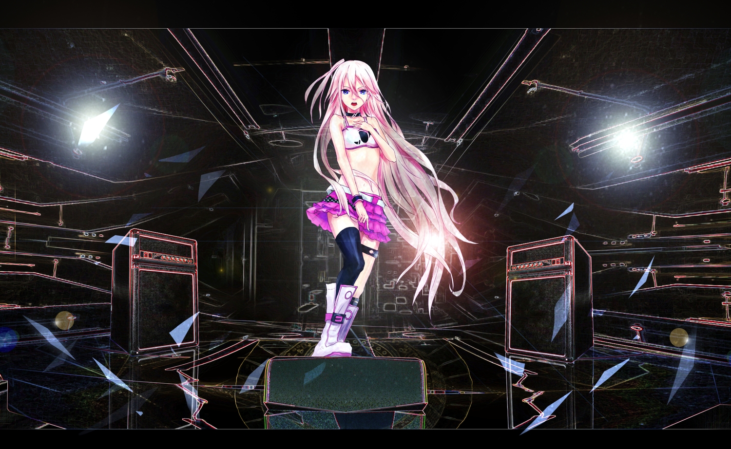aliasing, blue_eyes, boots, choker, garter, ia, long_hair, navel