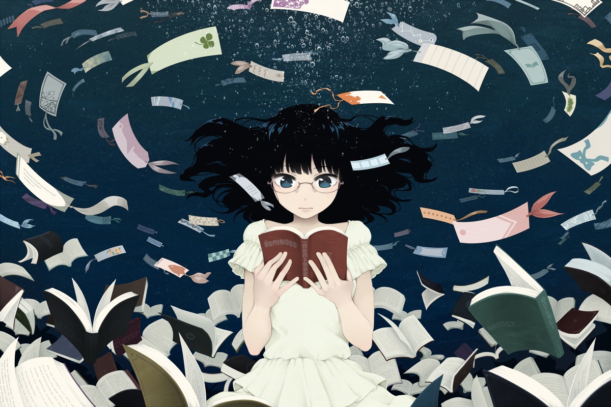 aliasing, black_hair, blue_eyes, book, dress, glasses, long_hair, original
