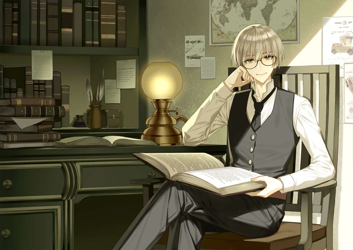 all_male, book, glasses, gray_hair, green, green_eyes, male, original