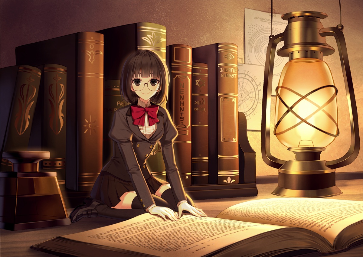 book, bow, brown_eyes, brown_hair, glasses, original, short_hair, skirt, srb7606, thighhighs, zettai_ryouiki