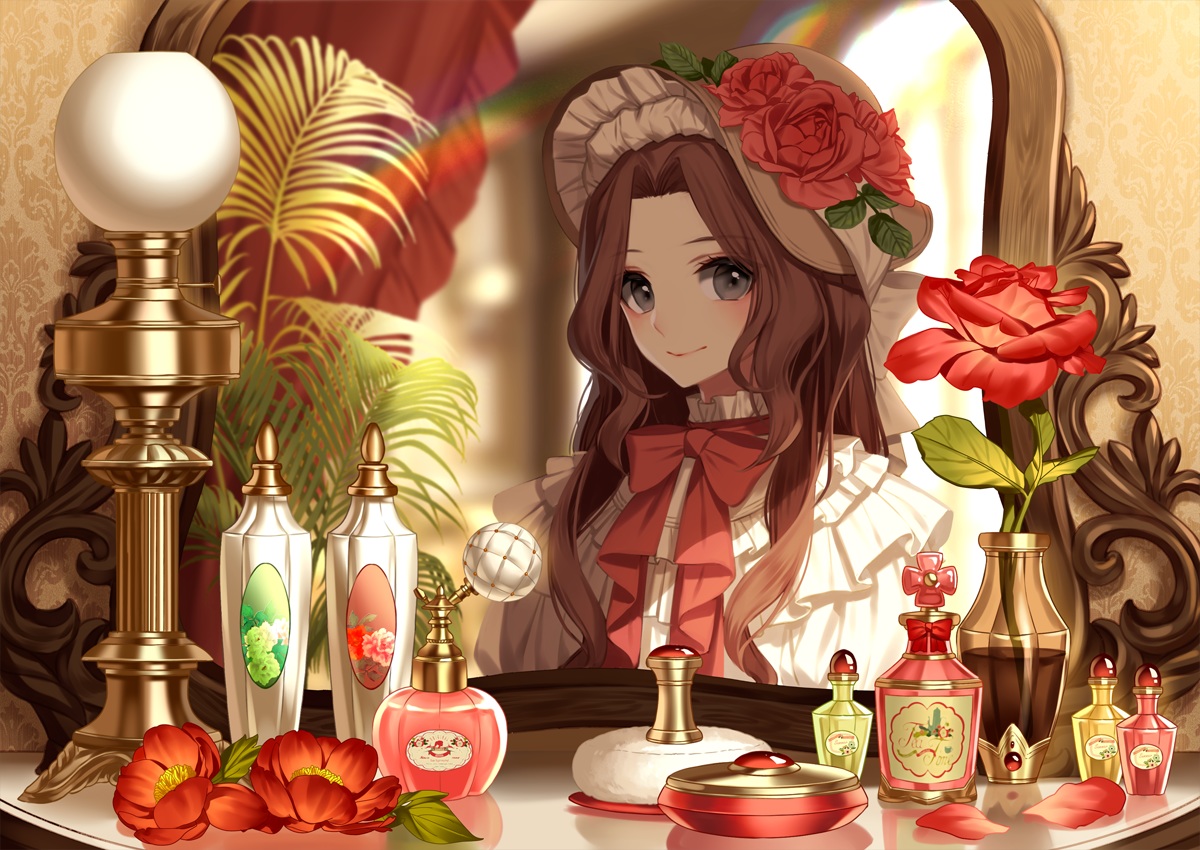 bow, brown_hair, flowers, gray_eyes, hat, long_hair, mirror, original, petals, rainbow, reflection, srb7606