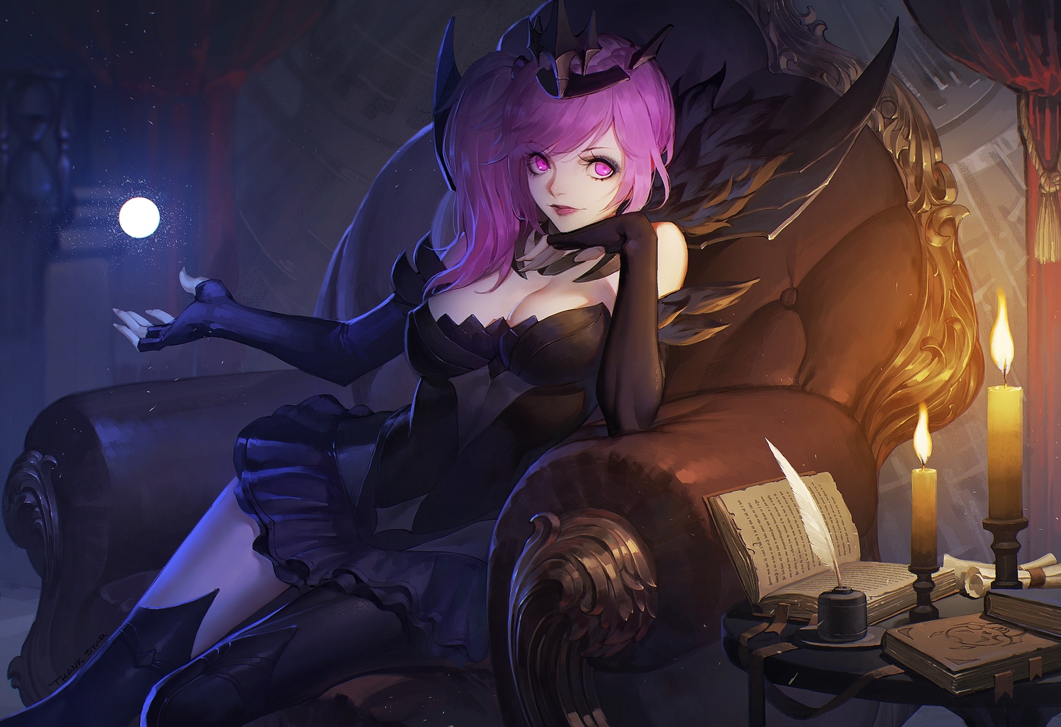 breasts, cleavage, daye_bie_qia_lian, elbow_gloves, gloves, league_of_legends, long_hair, luxanna_crownguard