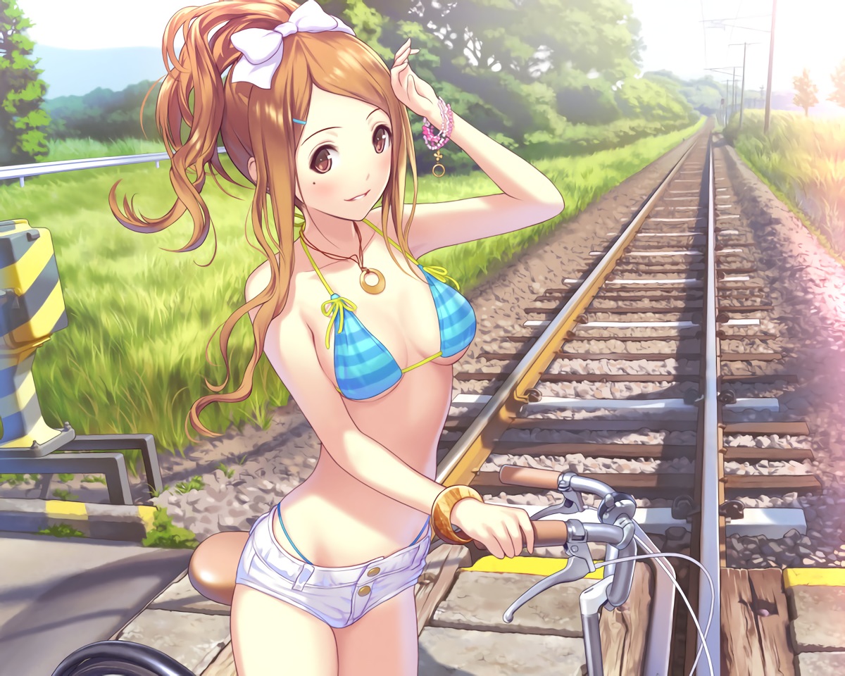 bicycle, bikini_top, cropped, grass, mana_kakkowarai, necklace, original, scenic