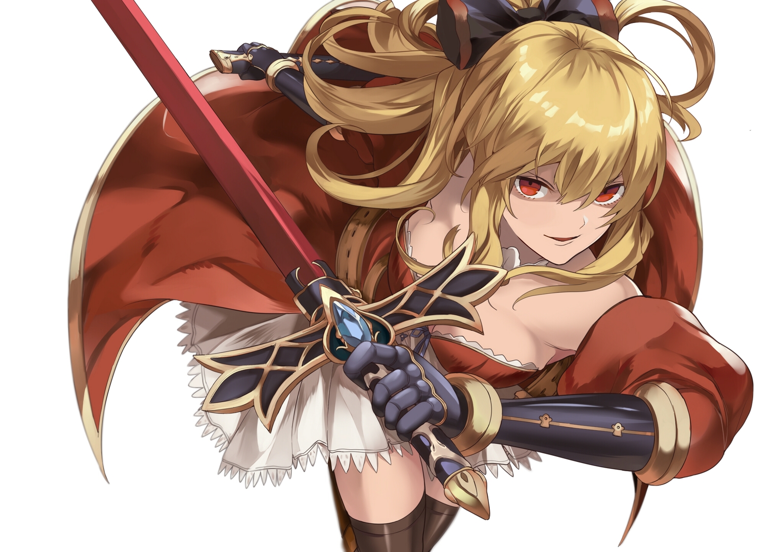 armor, blonde_hair, boots, breasts, cleavage, dress, elbow_gloves, eredhen
