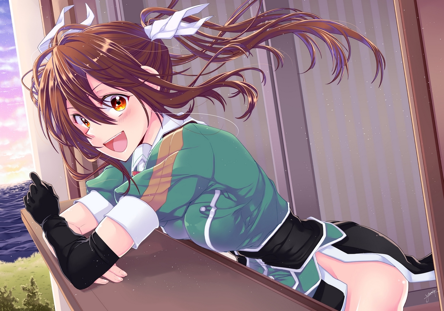 anthropomorphism, blush, breasts, brown_eyes, brown_hair, clouds, elbow_gloves, gloves, grass, kantai_collection, long_hair, signed, sky, tone_(kancolle), tree, water, yami_(m31)
