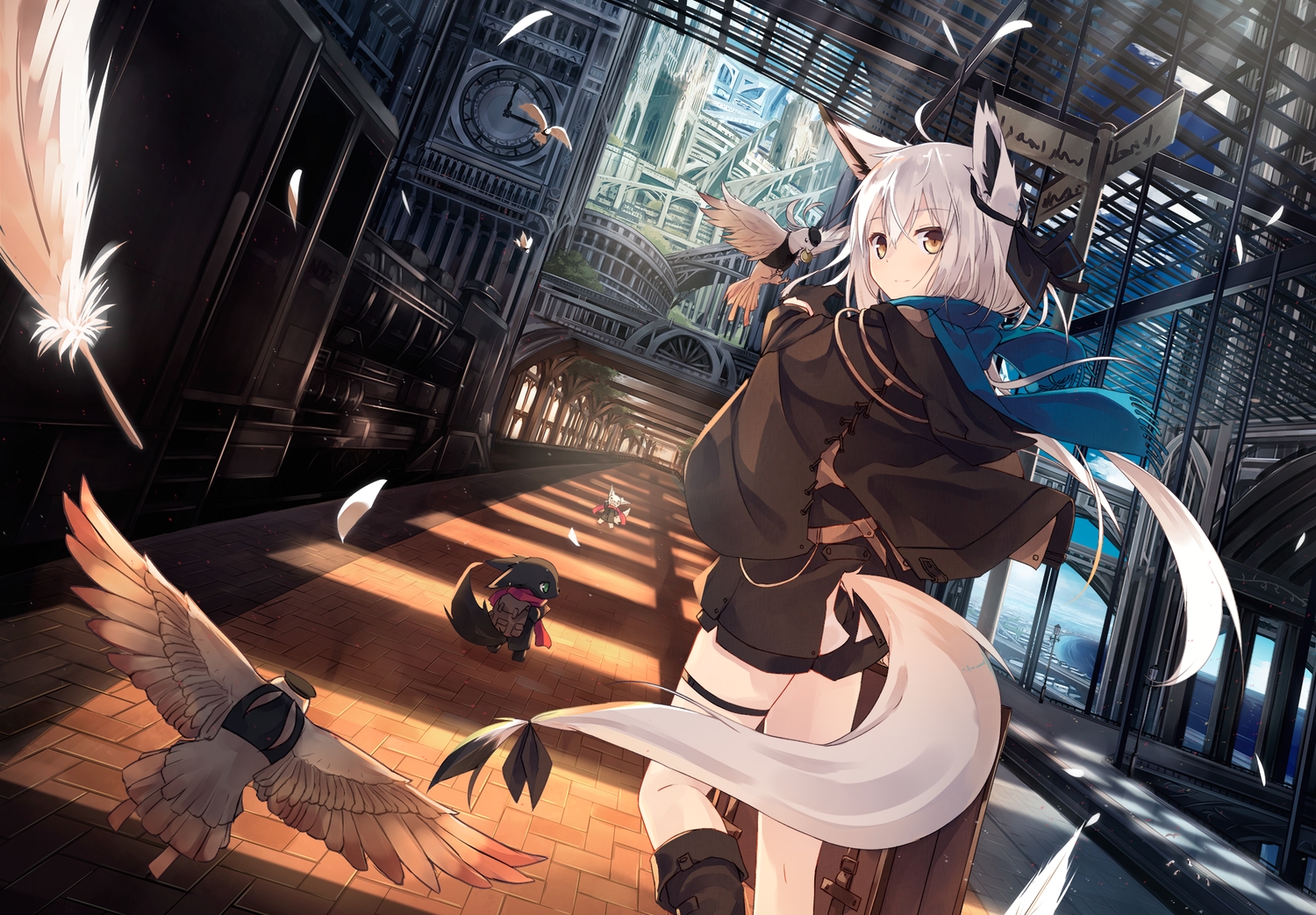 animal, animal_ears, bird, boots, brown_eyes, building, foxgirl, garter