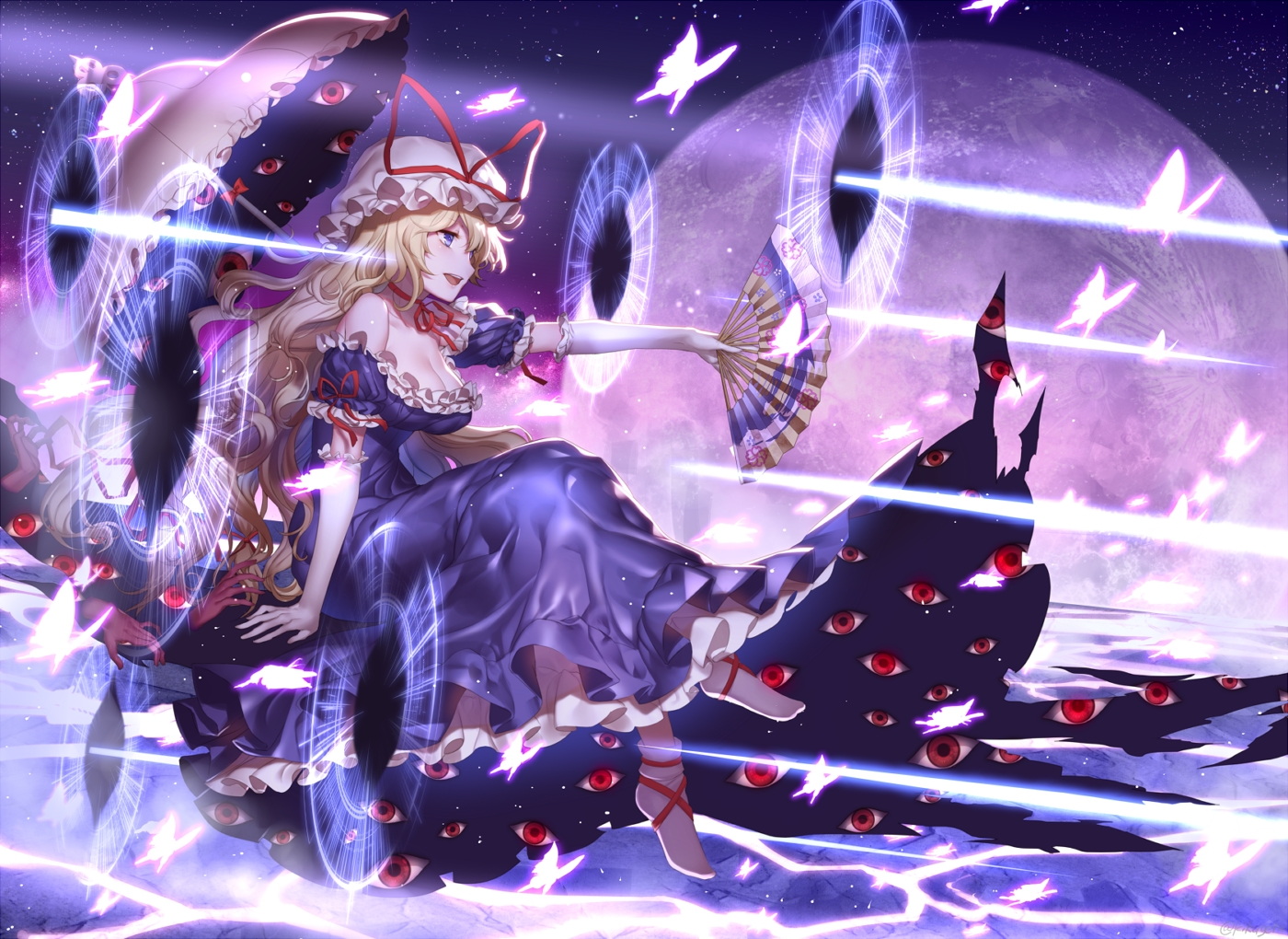 blonde_hair, blue_eyes, breasts, butterfly, choker, cleavage, elbow_gloves, fan
