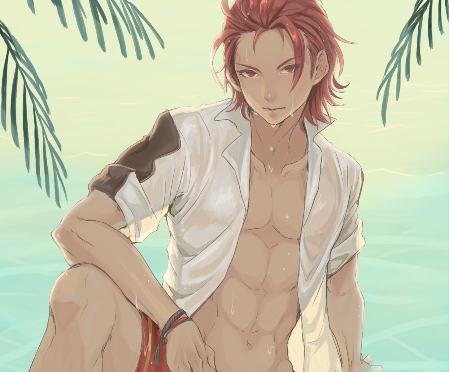 all_male, cropped, granblue_fantasy, green, male, navel, nyanpoco3, open_shirt, percival_(granblue_fantasy), red_eyes, red_hair, see_through, waifu2x, wet