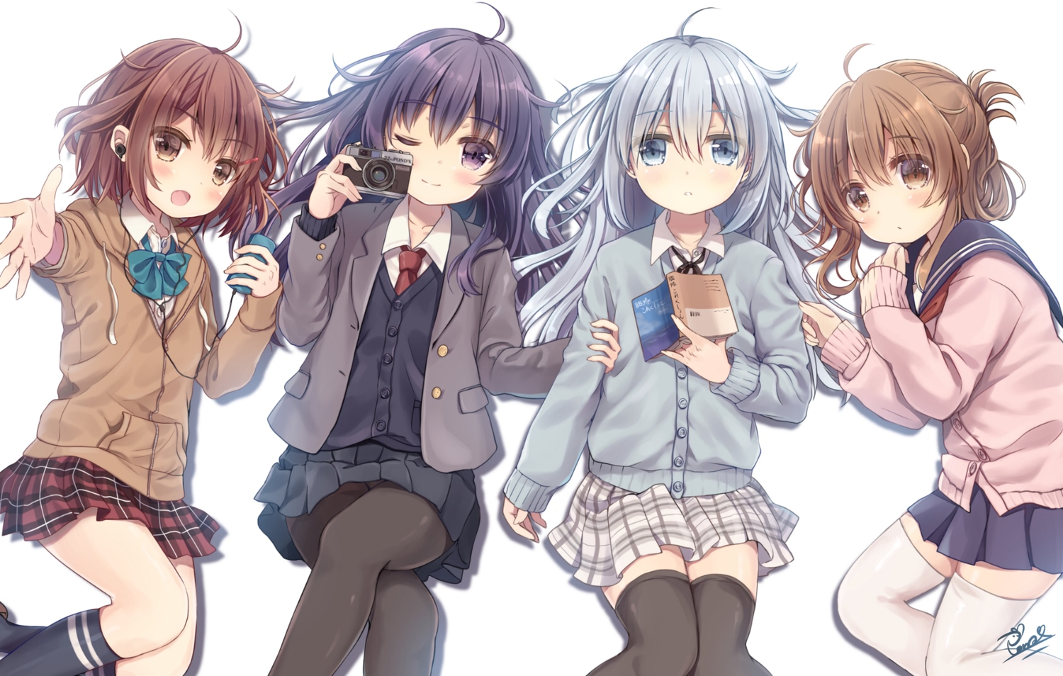 akatsuki_(kancolle), anthropomorphism, book, bow, brown_eyes, brown_hair, camera, group