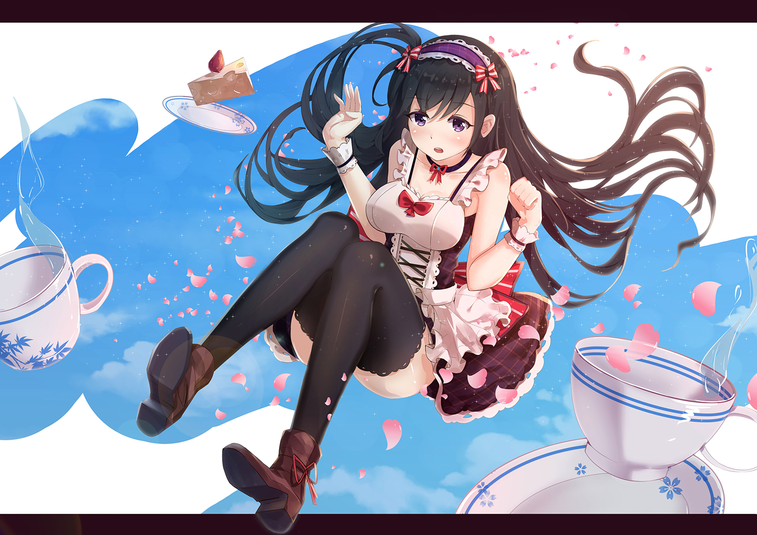 black_hair, blush, bow, breasts, byakuya_reki, cake, dress, drink