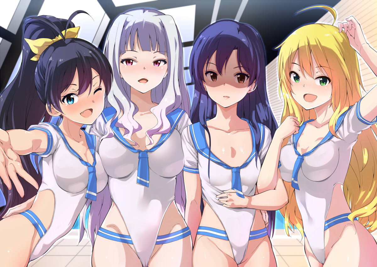 aliasing, amasora_taichi, aqua_eyes, black_hair, blonde_hair, blue_hair, breasts, brown_eyes