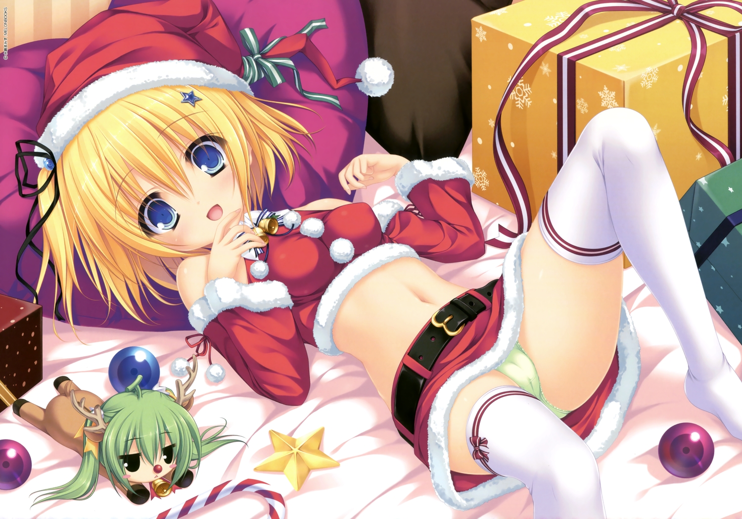 2girls, bed, bell, blonde_hair, blue_eyes, blush, bow, breasts, cameltoe, chibi, christmas, green_hair, hat, horns, lemon-chan, melonbooks, melon-chan, mikagami_mamizu, navel, panties, ribbons, santa_hat, scan, short_hair, skirt, stars, thighhighs, underwear
